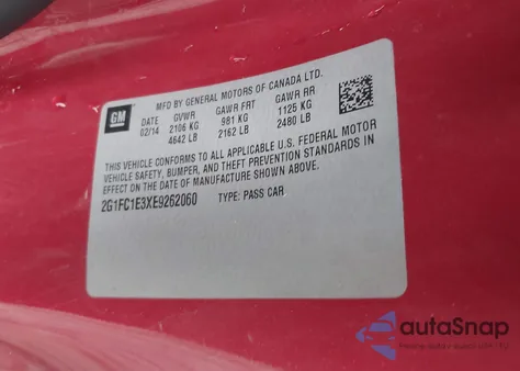 2014 Chevrolet Camaro 2Lt из США, поврежденный, VIN 2G1FC1E3XE9262060